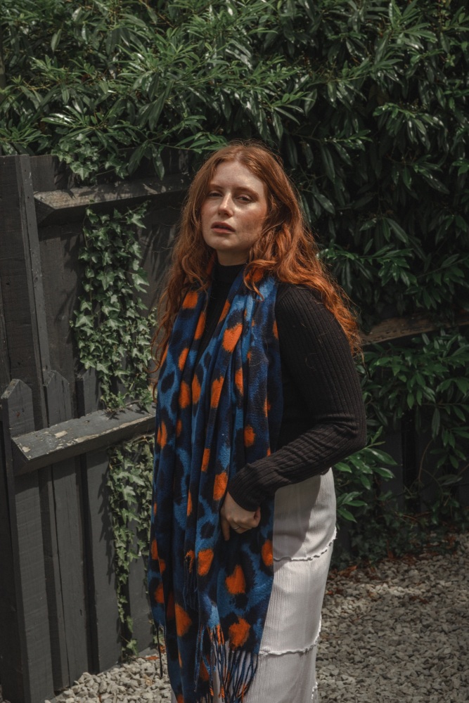 Fire Orange and Navy Blue Leopard Print Pashmina Scarf