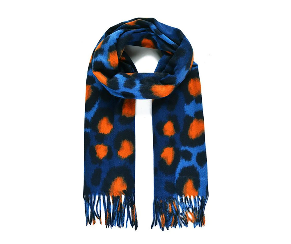 Fire Orange and Navy Blue Leopard Print Pashmina Scarf