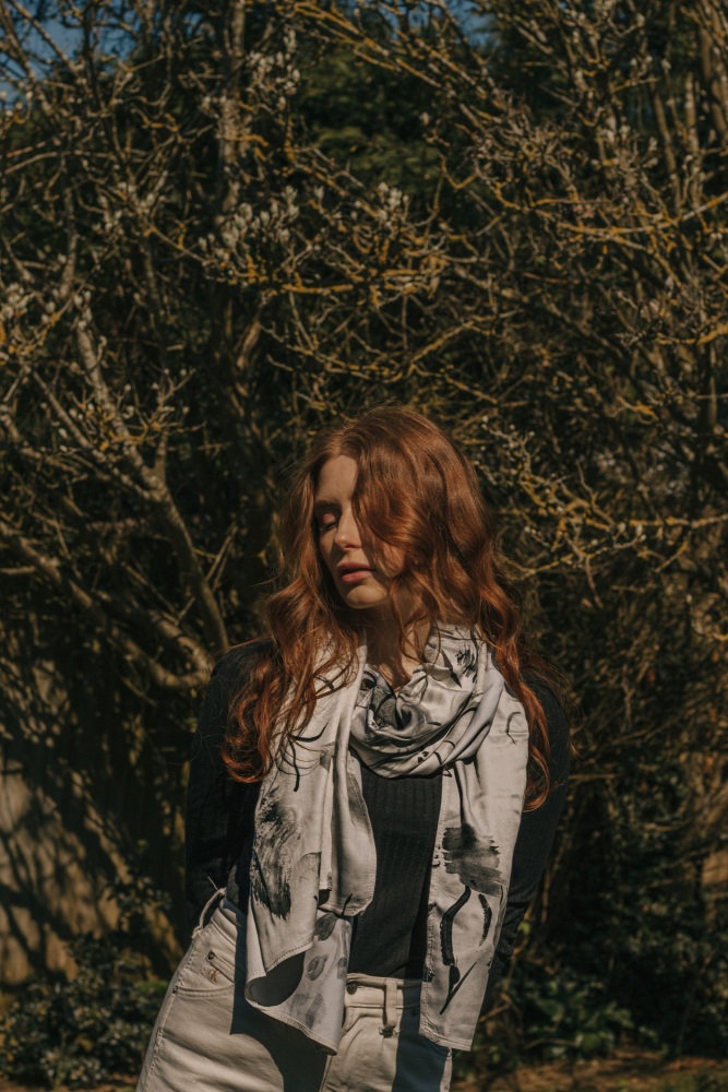 SAMPLE: Monochrome Hand Painted Abstract Flower Viscose  Scarf