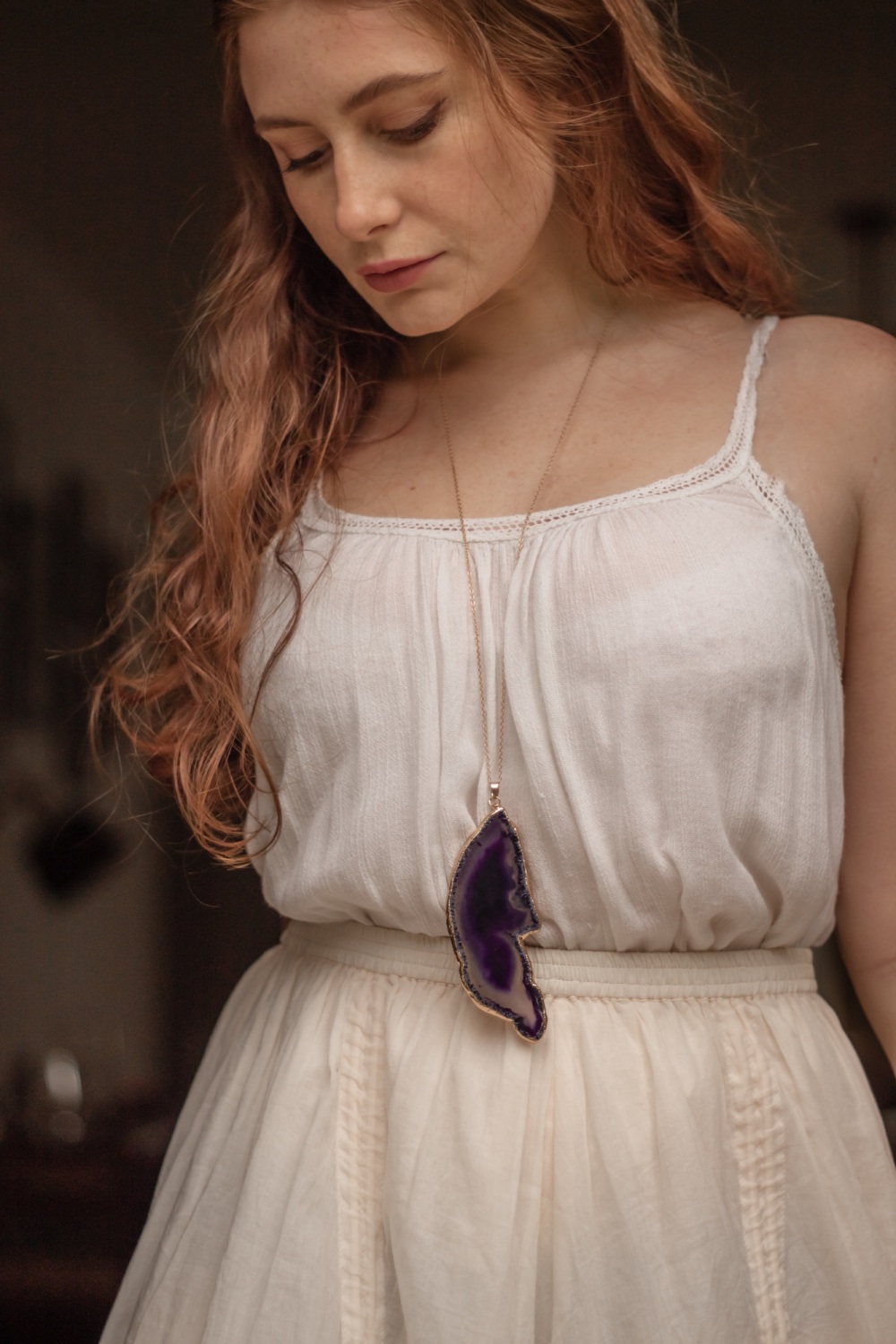 14ct Gold Plate Long Length Purple Agate Necklace