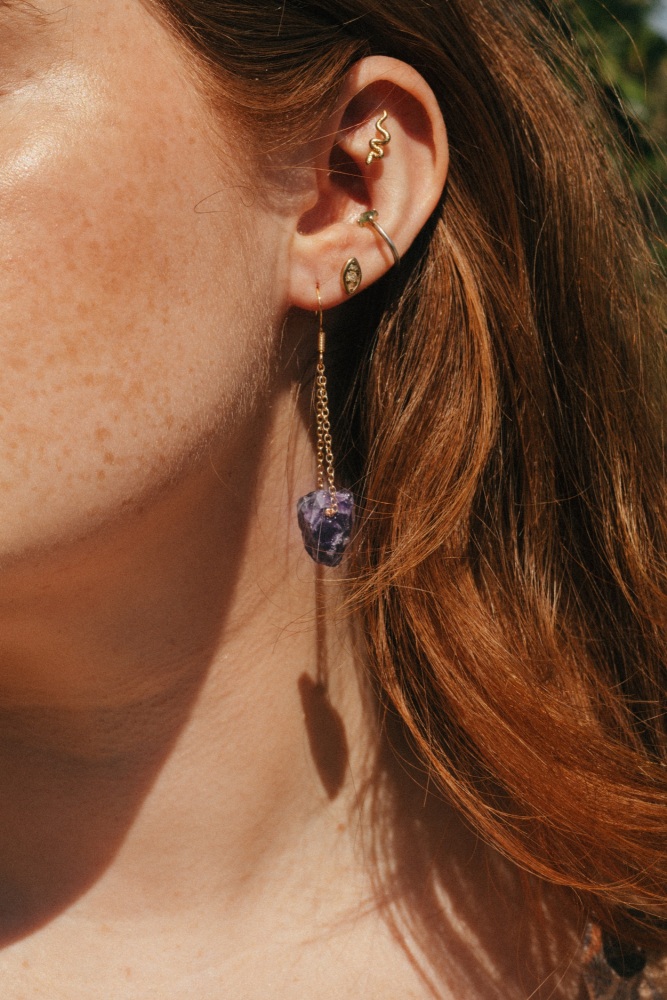 Gold Tone Raw Amethyst Crystal Earrings