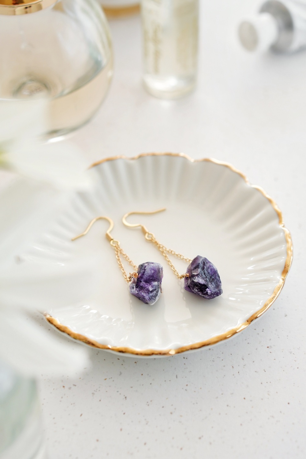 Gold Tone Raw Amethyst Crystal Earrings
