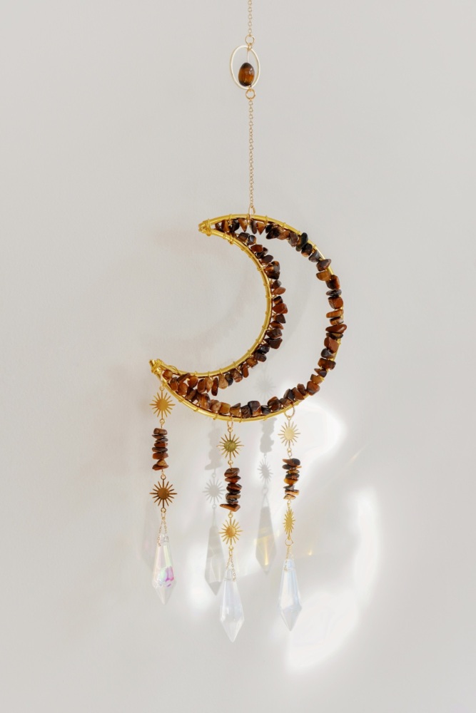 CLEARANCE: Gold Tone Crescent Moon Tigers Eye Crystal Window Suncatcher