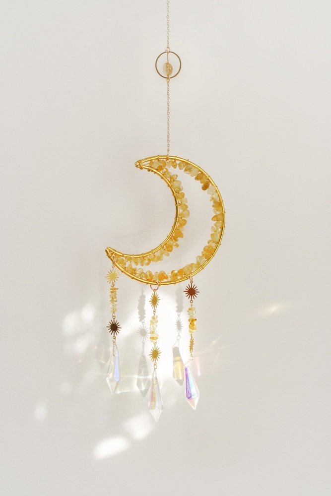 CLEARANCE: Gold Tone Crescent Moon Citrine Crystal Window Suncatcher