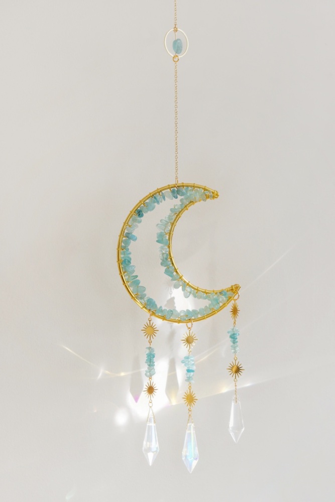 CLEARANCE: Gold Tone Crescent Moon Aquamarine Crystal Window Suncatcher