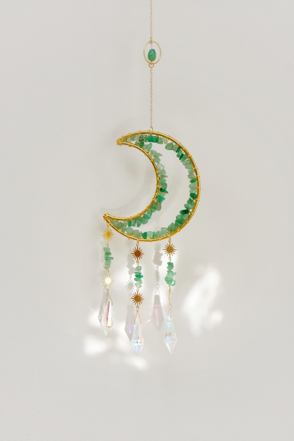 CLEARANCE: Gold Tone Crescent Moon Aventurine Crystal Window Suncatcher