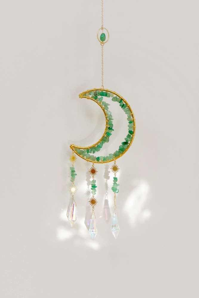 CLEARANCE: Gold Tone Crescent Moon Aventurine Crystal Window Suncatcher