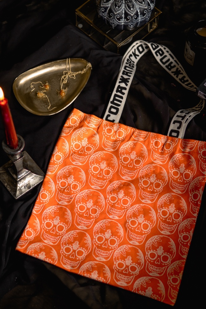 CLEARANCE: Halloween Orange Skull Tote Bag by Xander Kostroma