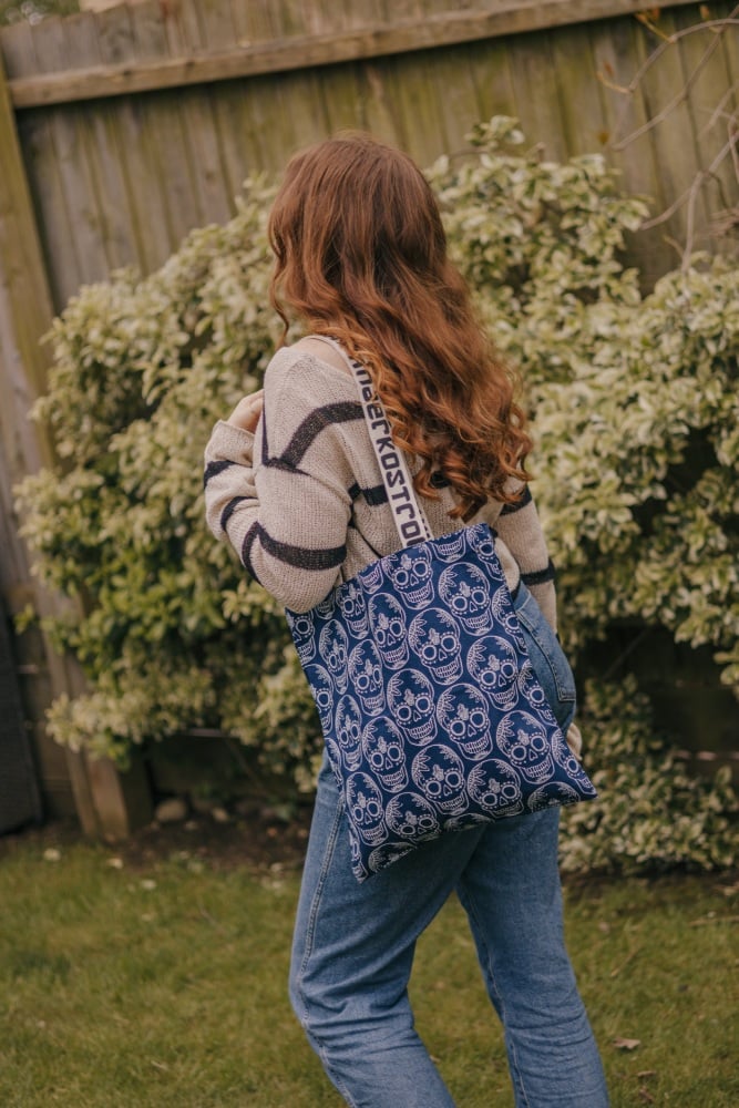 CLEARANCE: Navy Blue Skull Print Tote Bag