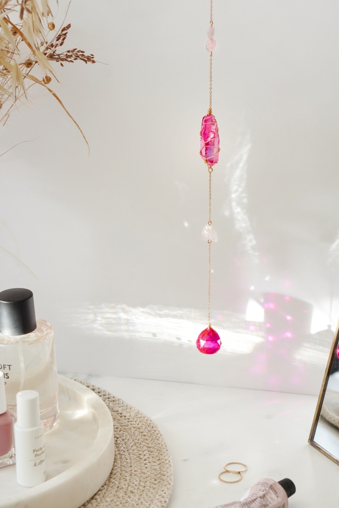 CLEARANCE: Gold Plated Raw Crystal Rose Quartz & Wrapped Pink Agate Suncatcher
