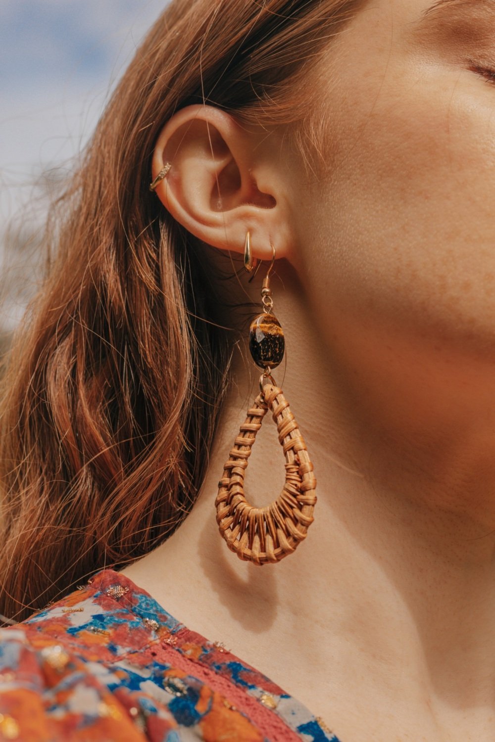 CLEARANCE: Gold Tone Tear Drop Rattan Tigers Eye Earrings