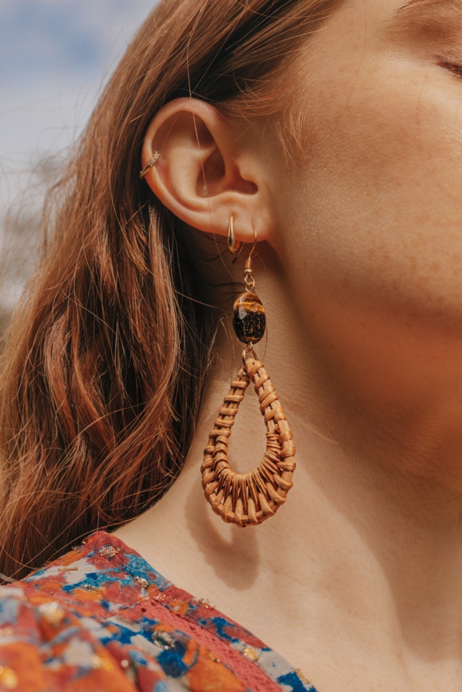 CLEARANCE: Gold Tone Tear Drop Rattan Tigers Eye Earrings
