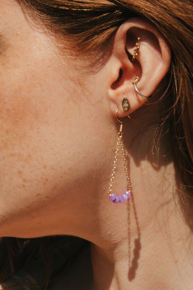 Gold Tone Purple Chalcedony Crystal Earrings