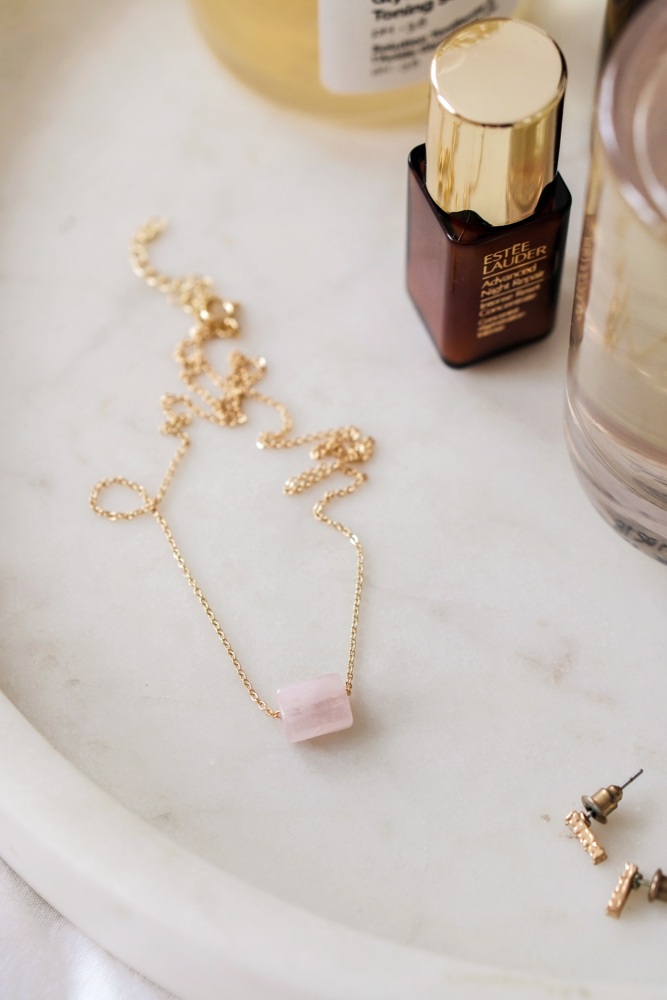 Gold Tone Rose Quartz Tube Necklace