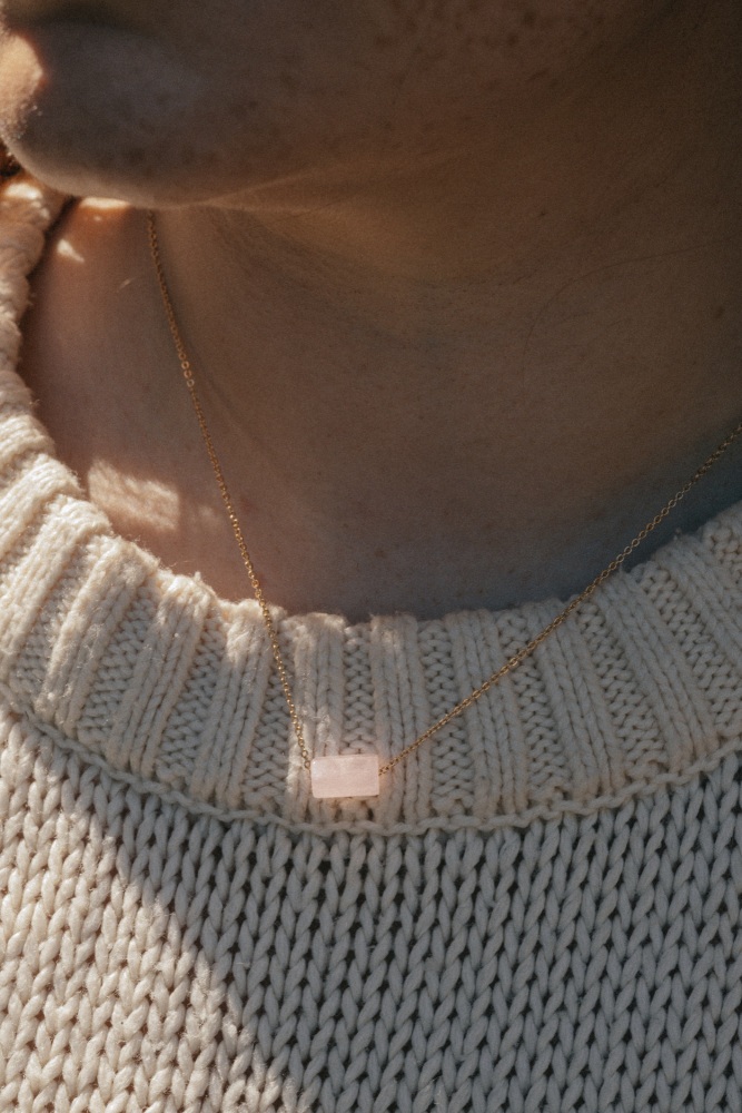 Gold Tone Rose Quartz Tube Necklace