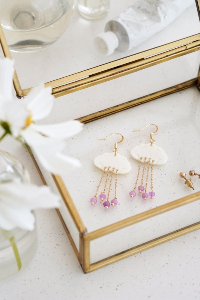 Gold Tone Pink Chalcedony Cloud Earrings