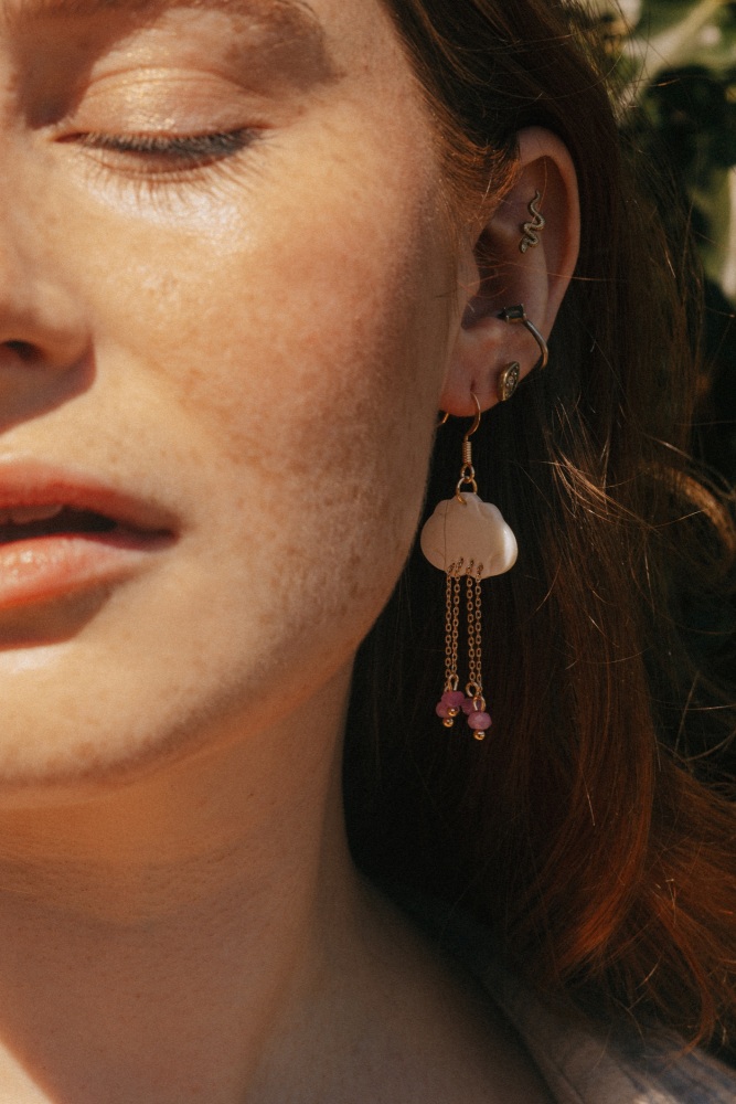 Gold Tone Pink Chalcedony Cloud Earrings