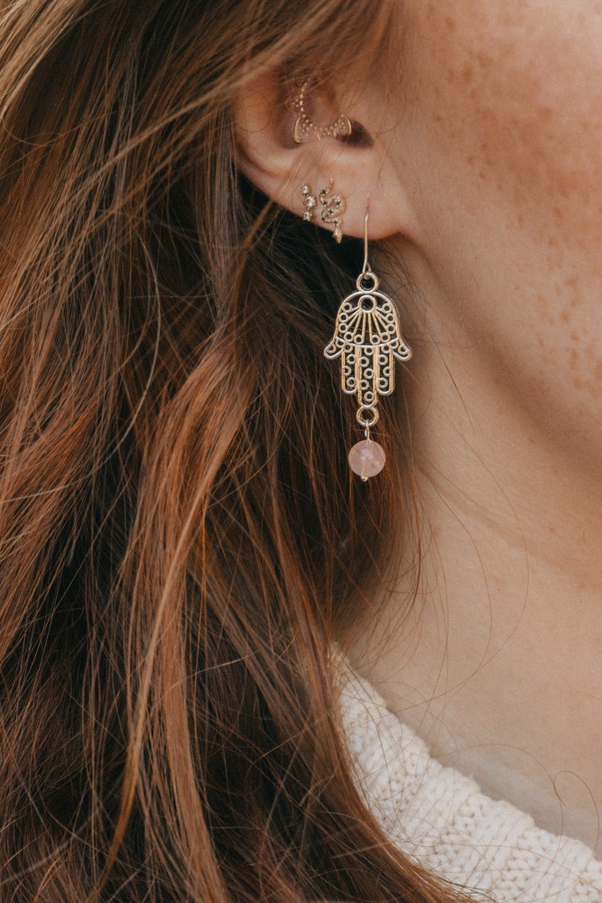 925 Sterling Silver Hamsa Hand Rose Quartz Earrings