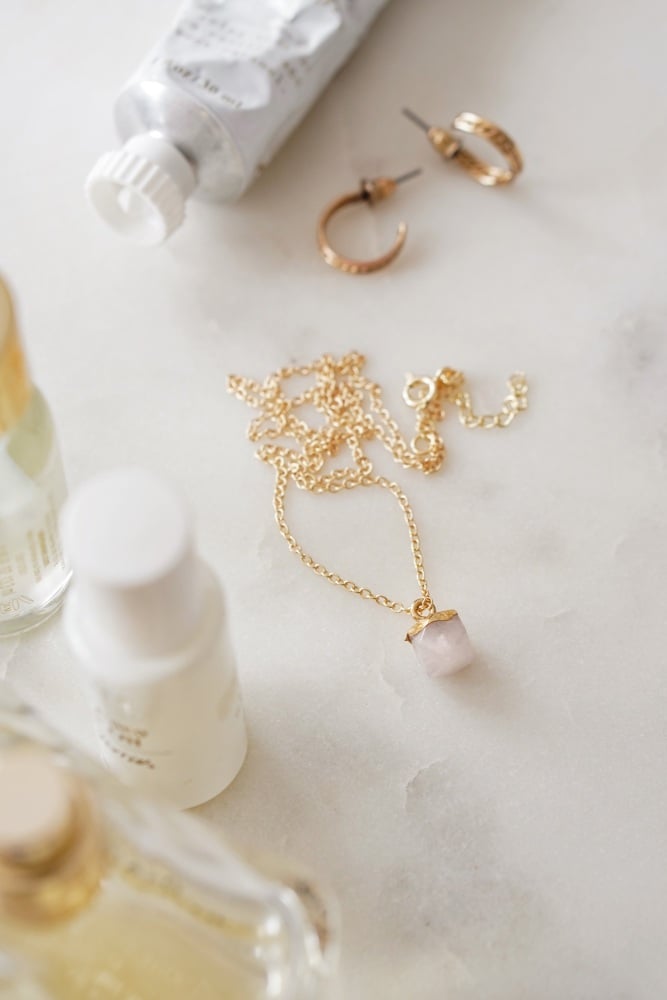 Gold Tone Light Rose Quartz Necklace