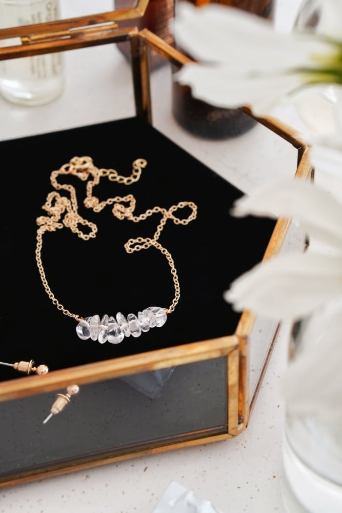 Gold Tone Clear Quartz Crystal Necklace