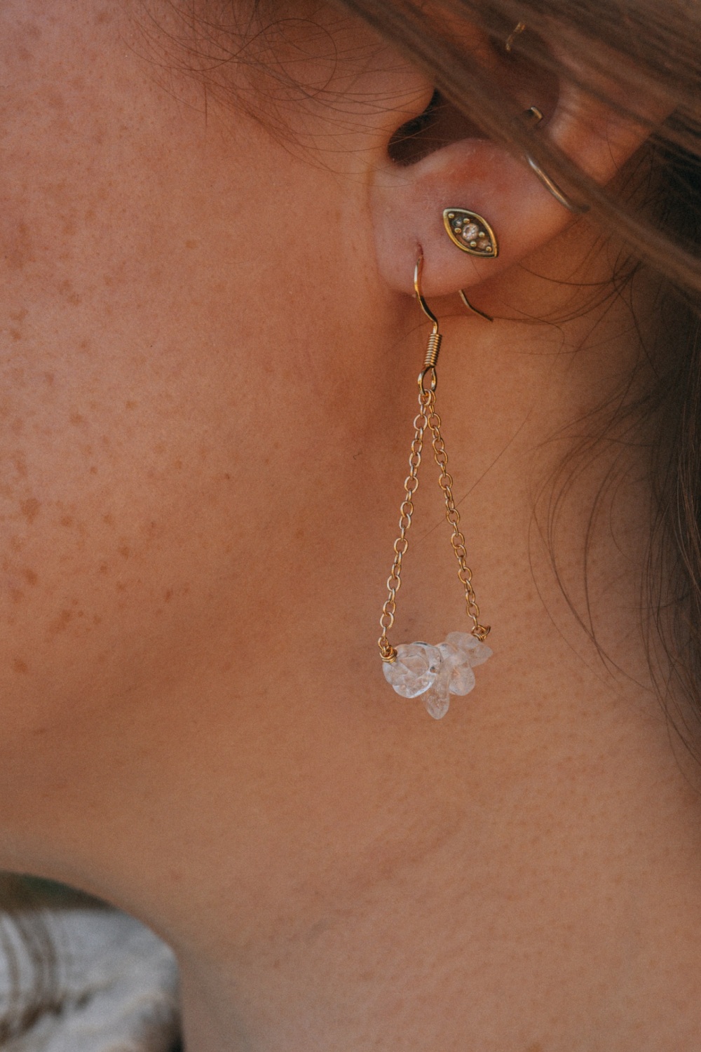 Gold Tone Clear Quartz Crystal Earrings