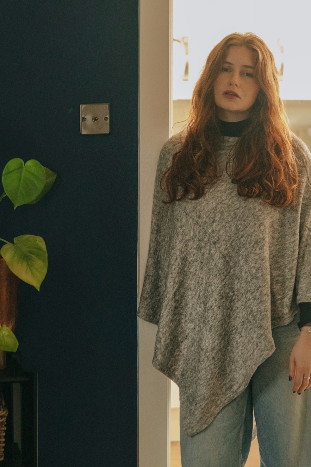 Heather Grey Wool Blend Knit Poncho