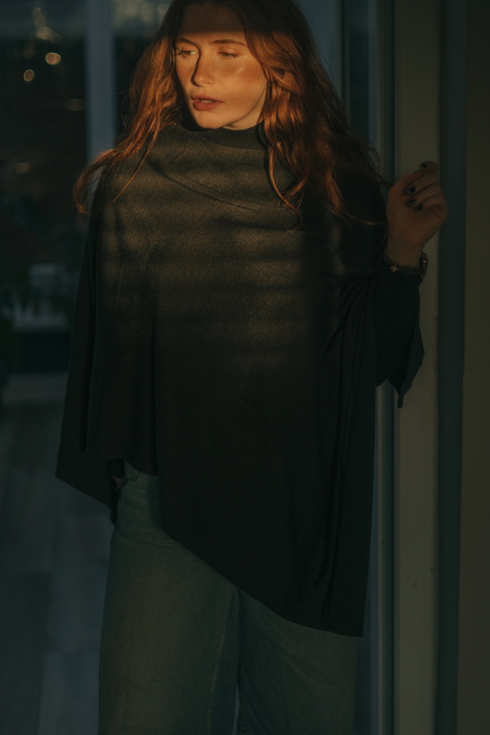 Jet Black Wool Blend Knit Poncho