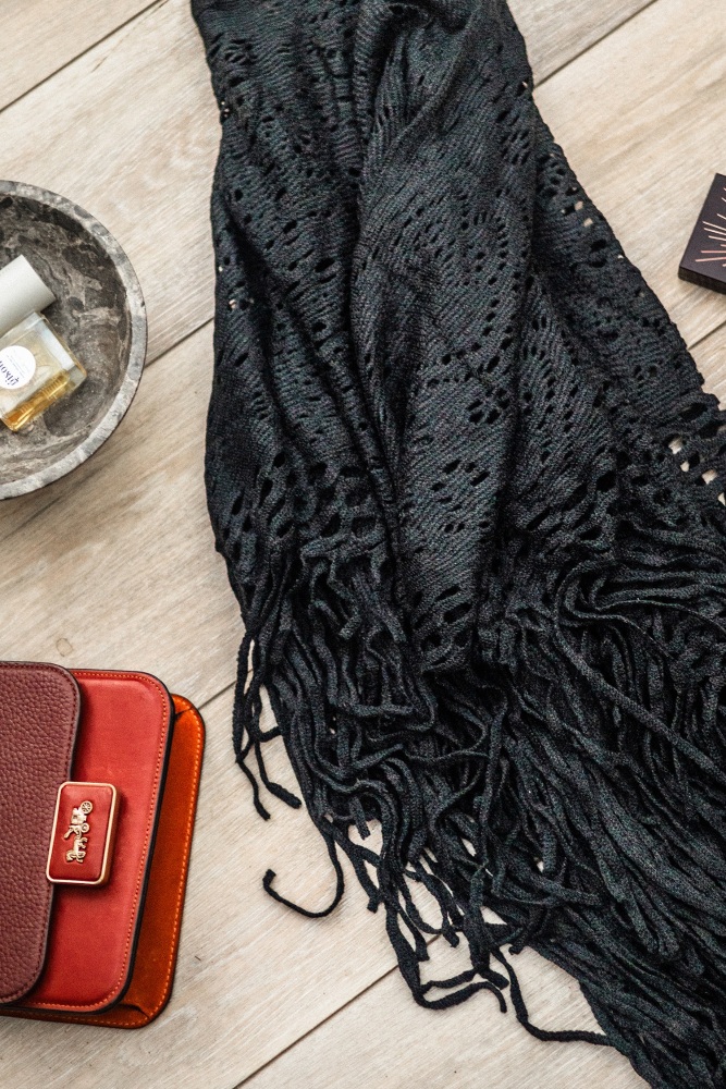 Black Knitted Poncho with Tassels