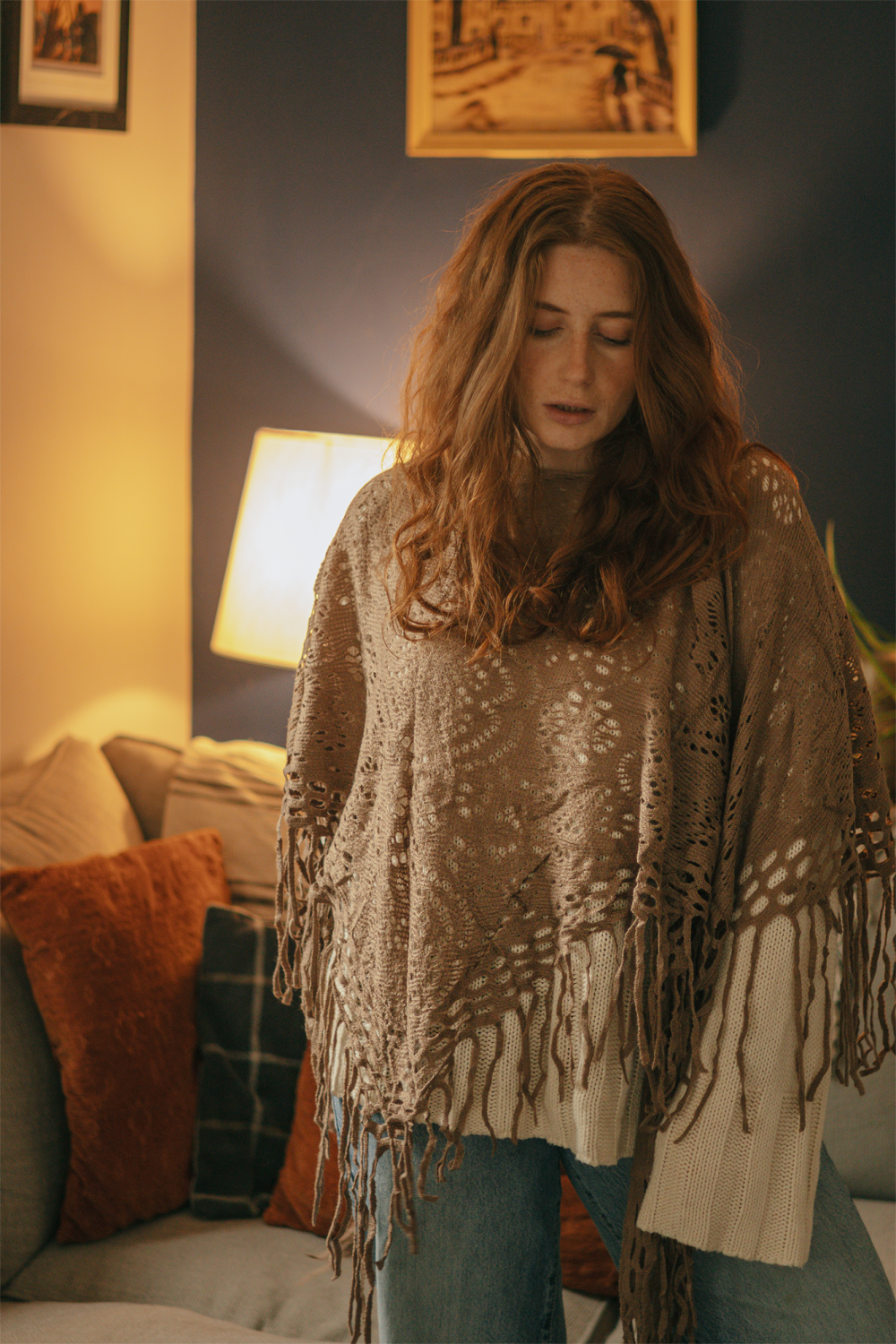 Cream Knitted Poncho with Tassels