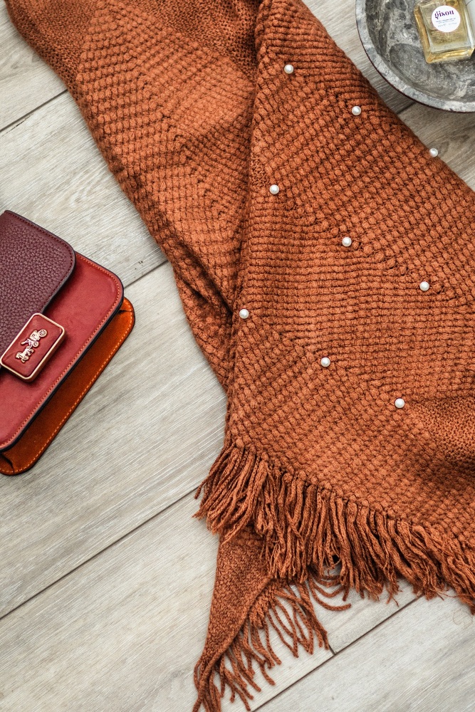 Coffee Arrow Knit & Faux Pearl Knitted Poncho