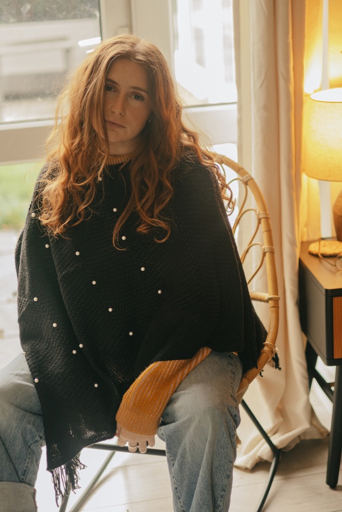 Black Arrow Knit & Faux Pearl Knitted Poncho