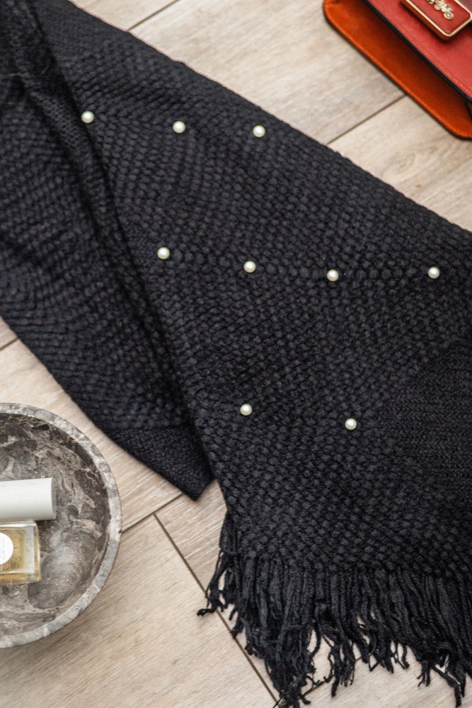 Black Arrow Knit & Faux Pearl Knitted Poncho