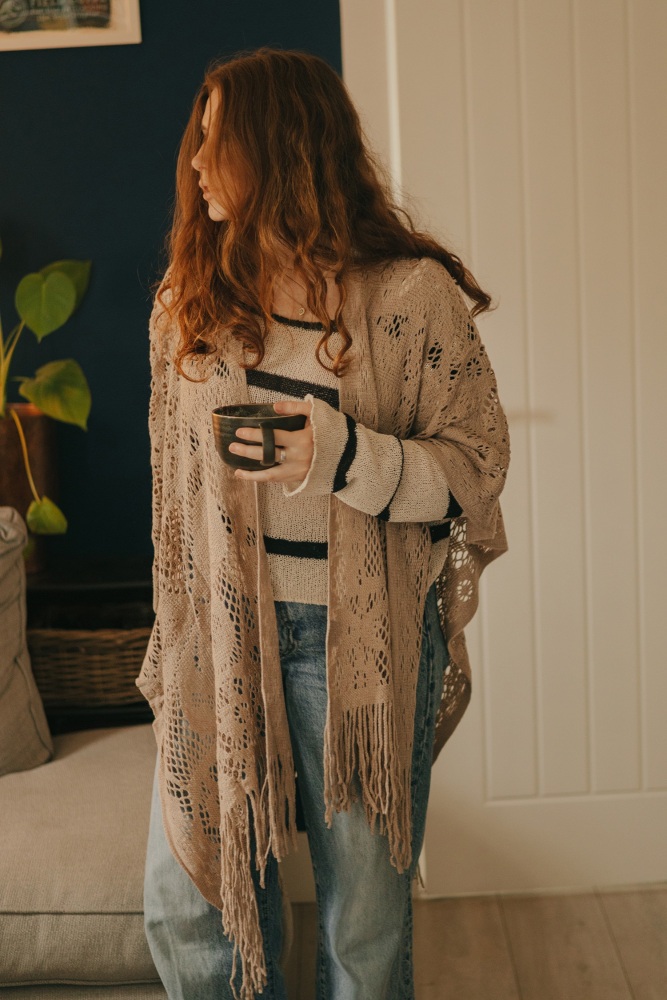 Cream Knitted Butterfly Back Kimono with Tassels