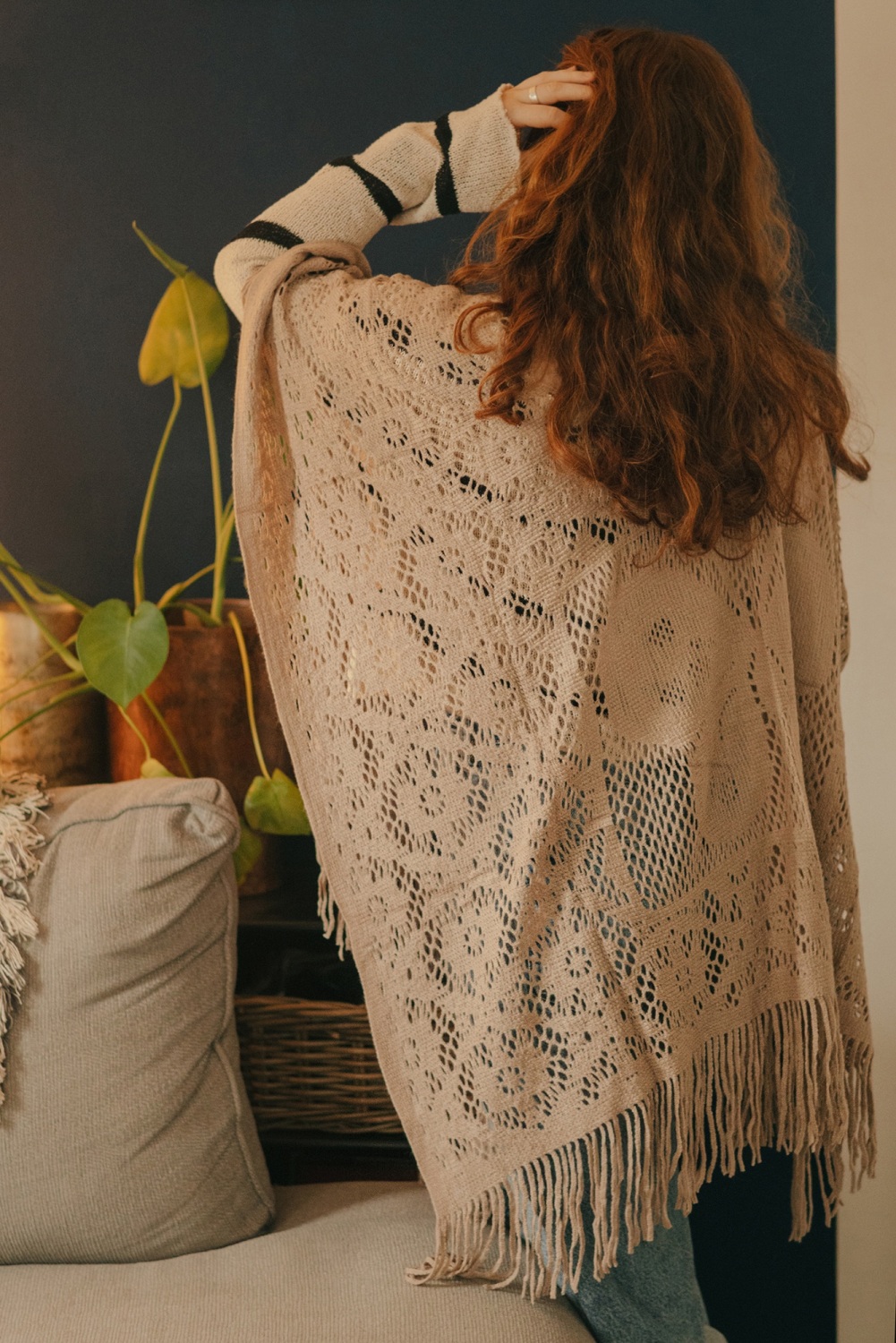 Cream Knitted Butterfly Back Kimono with Tassels