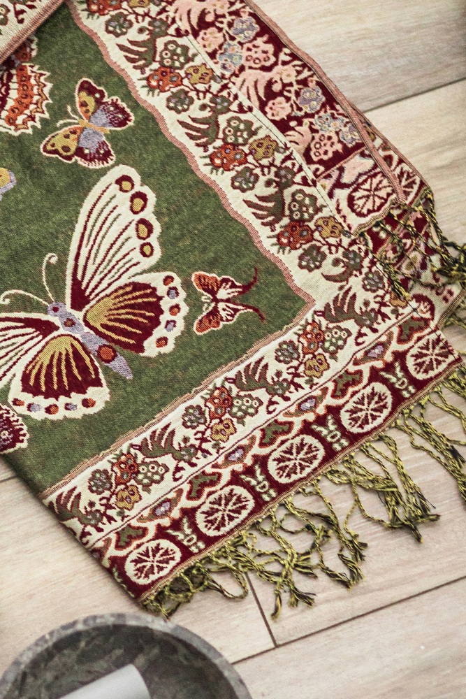 Olive Green Scatter Butterfly Pashmina with Tassels
