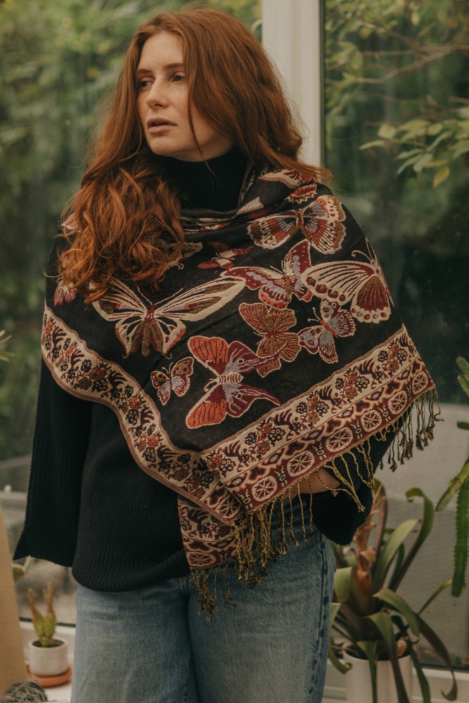 Burgundy Scatter Butterfly Pashmina with Tassels