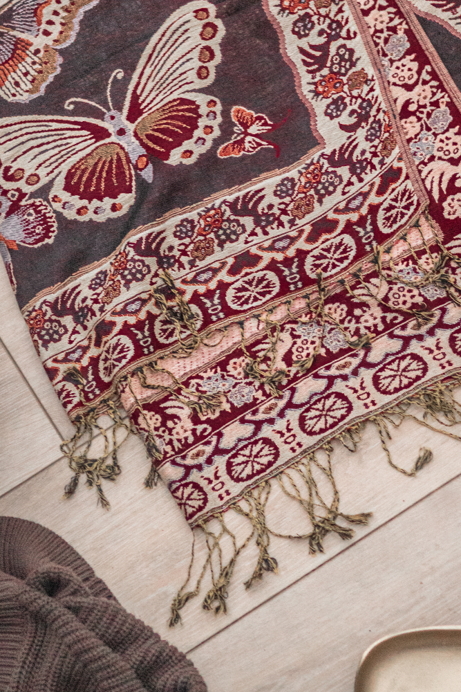 Burgundy Scatter Butterfly Pashmina with Tassels