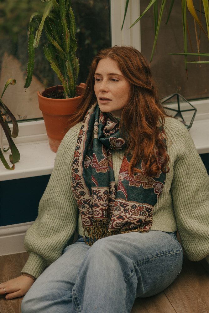 Dark Teal Scatter Butterfly Pashmina with Tassels