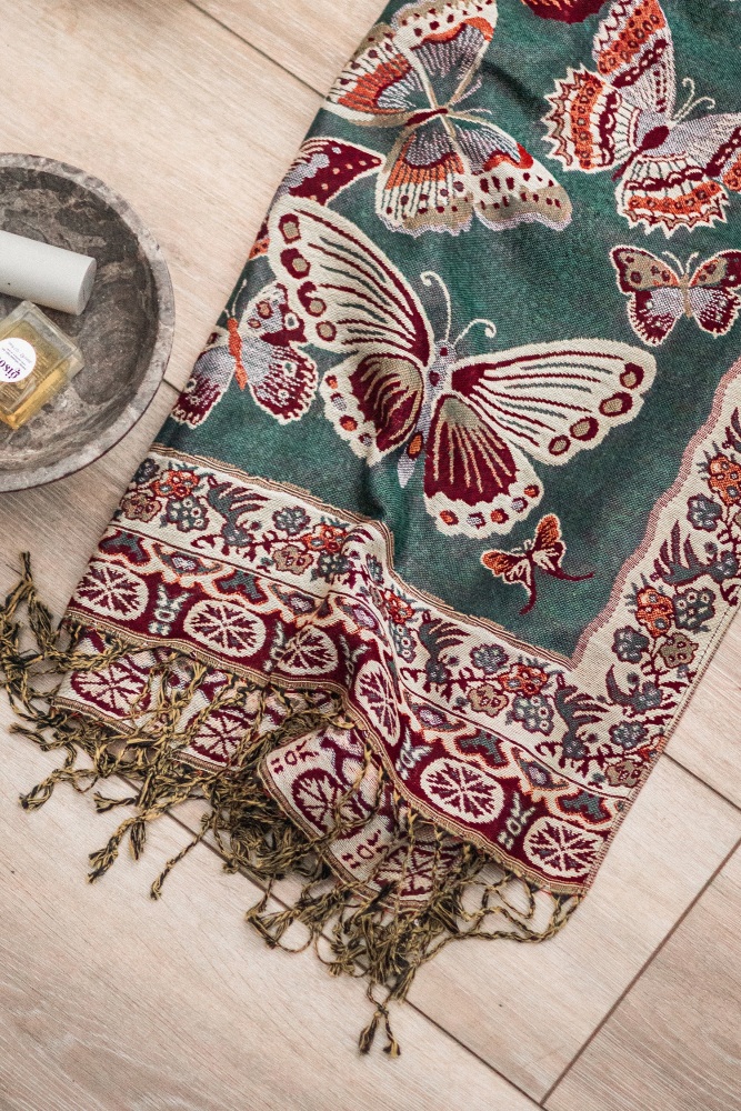 Dark Teal Scatter Butterfly Pashmina with Tassels