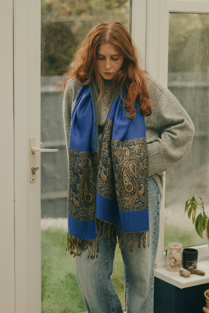 Royal Blue Paisley Border Pashmina with Tassels