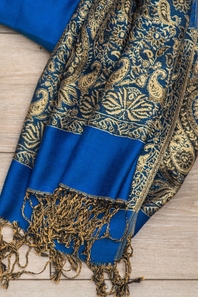 Royal Blue Paisley Border Pashmina with Tassels