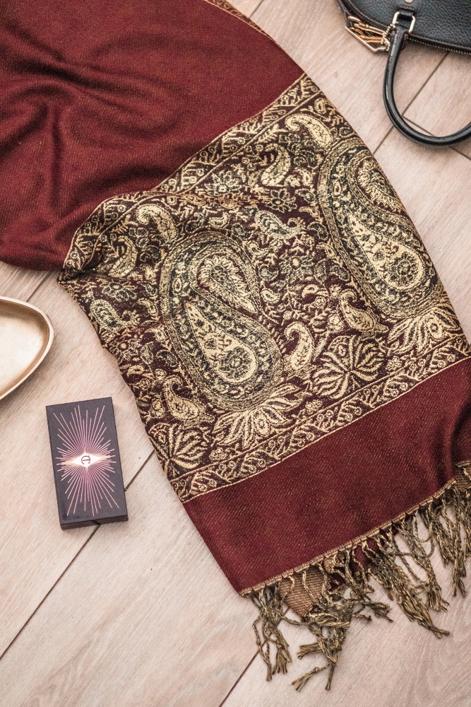 Warm Chocolate Paisley Border Pashmina with Tassels