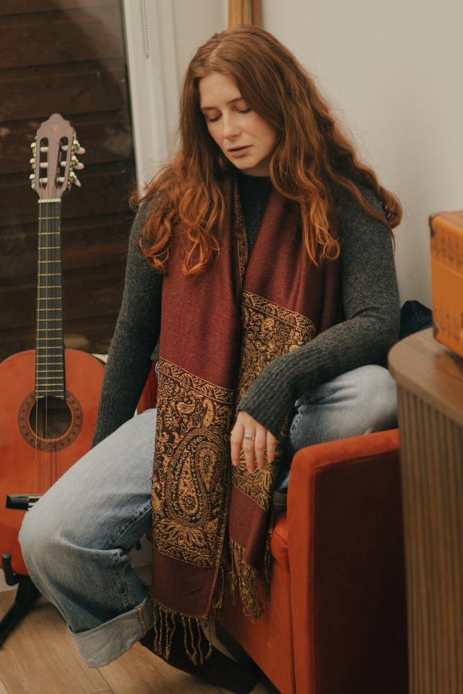 Warm Chocolate Paisley Border Pashmina with Tassels