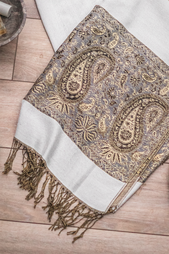 Soft Cream Paisley Border Pashmina with Tassels