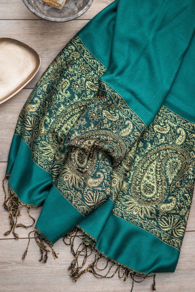Dark Teal Paisley Border Pashmina with Tassels