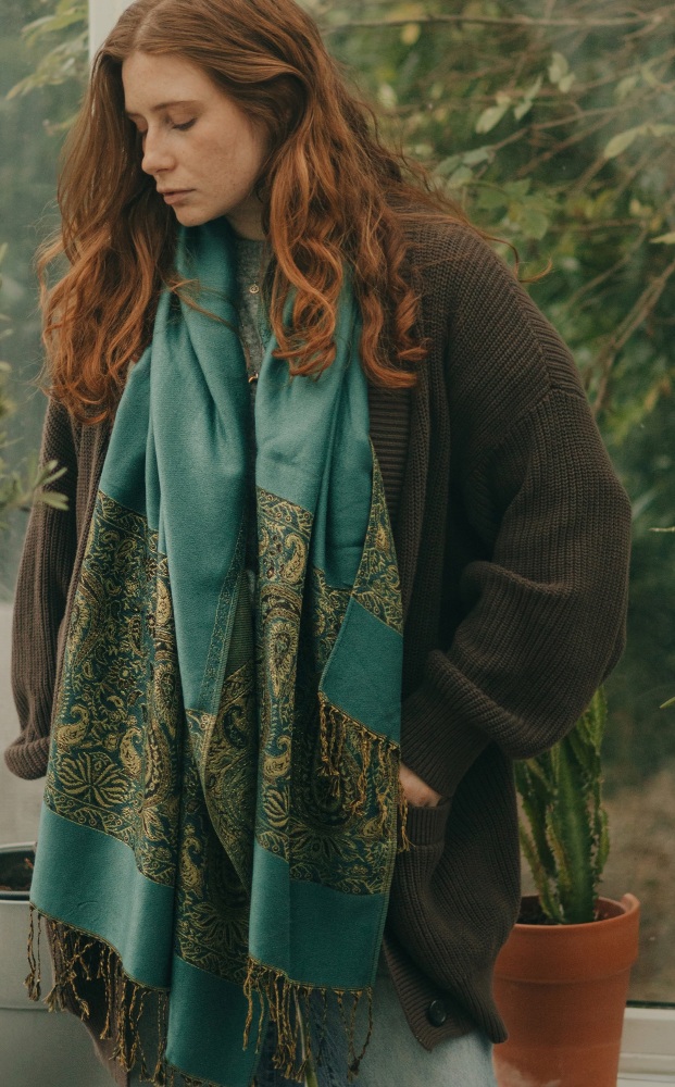 Dark Teal Paisley Border Pashmina with Tassels