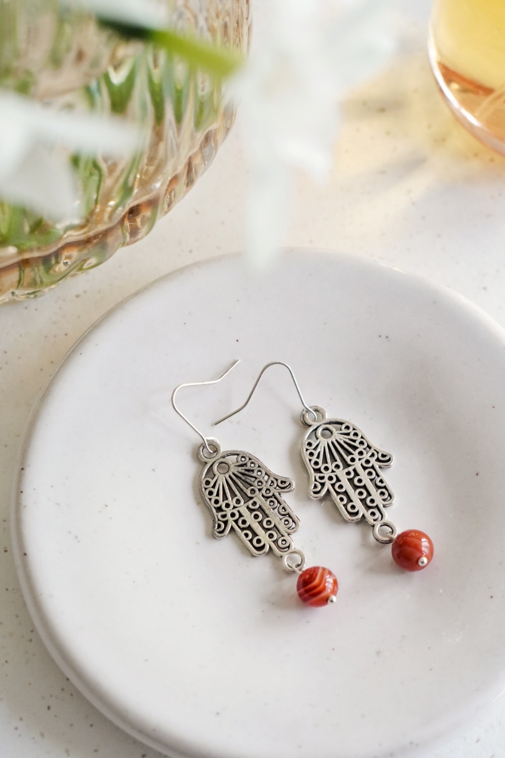 925 Sterling Silver Hamsa Hand Orange Agate Earrings