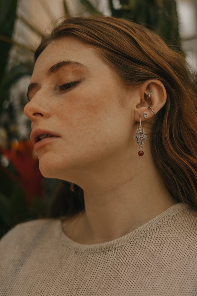 925 Sterling Silver Hamsa Hand Orange Agate Earrings