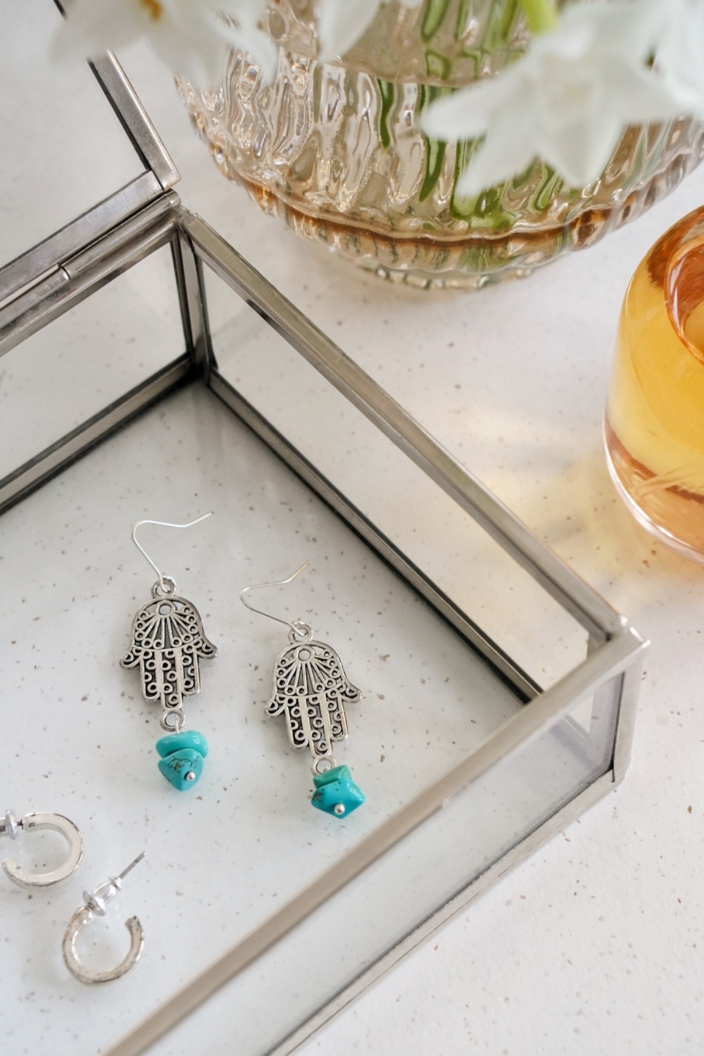 925 Sterling Silver Hamsa Hand Turquoise Earrings