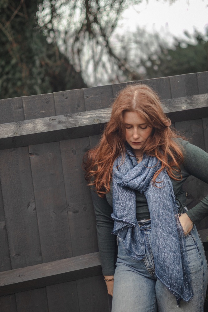 Denim Blue Metallic Viscose And Modal Scarf